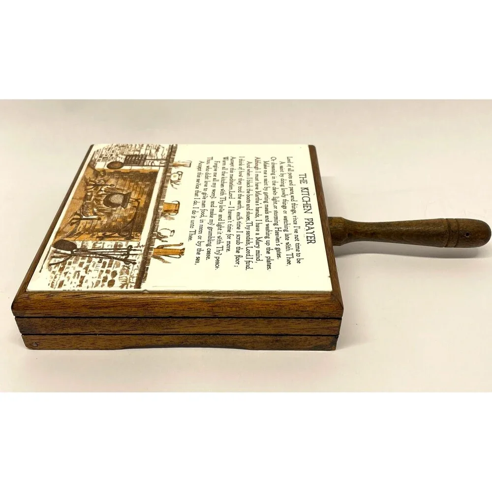 Vintage Mid Century The Kitchen Prayer Wood Framed Ceramic Tile Trivet Japan